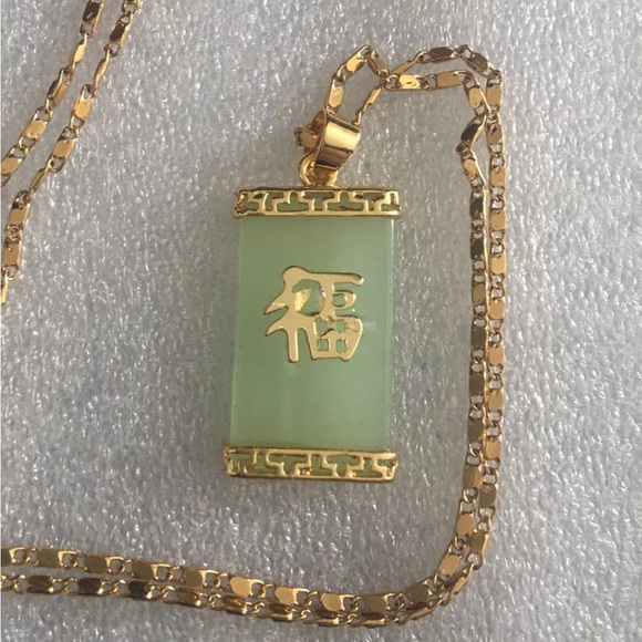 Natural Green Jade 18KGP Fortune Pendant Necklace Drop Earring set 福PENDANT - Picture 2 of 6